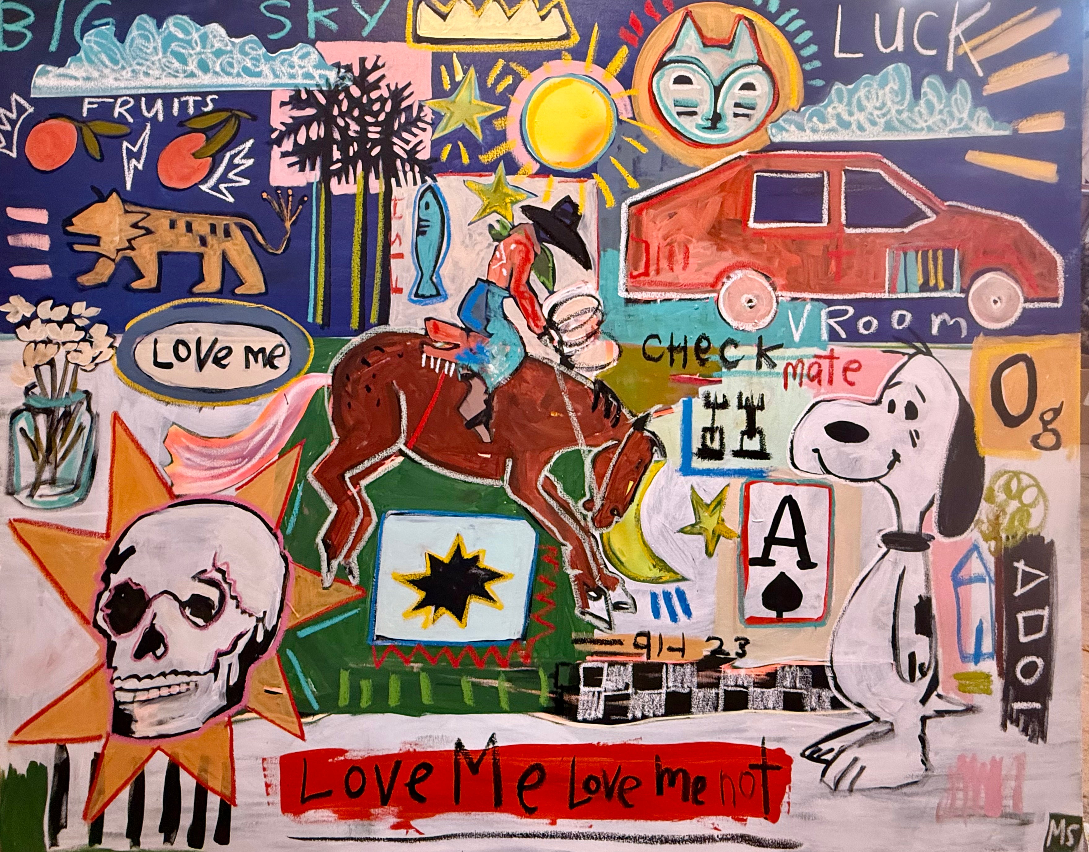 Colorful collage artwork with various elements including a horse, dog, and text on a blue background.