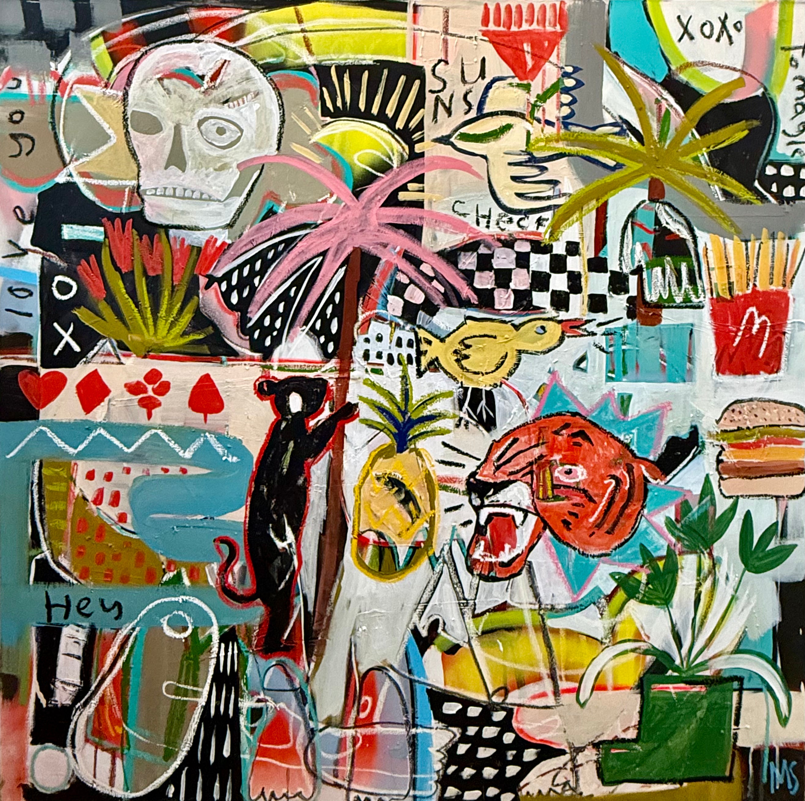 Colorful abstract artwork with various elements like a tiger, palm tree, and other abstract shapes.