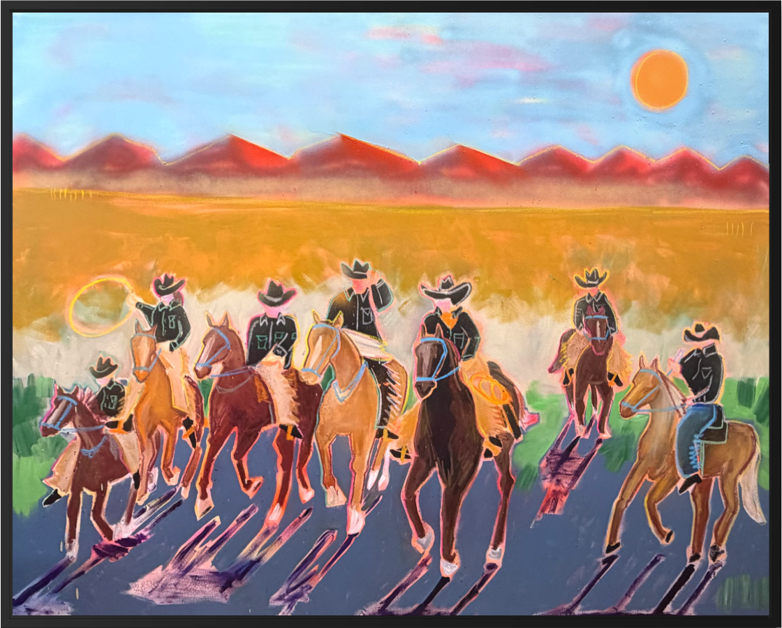 A framed painting depicting a group of cowboys on horseback riding across a golden field toward red mountains under a blue sky with a sun.