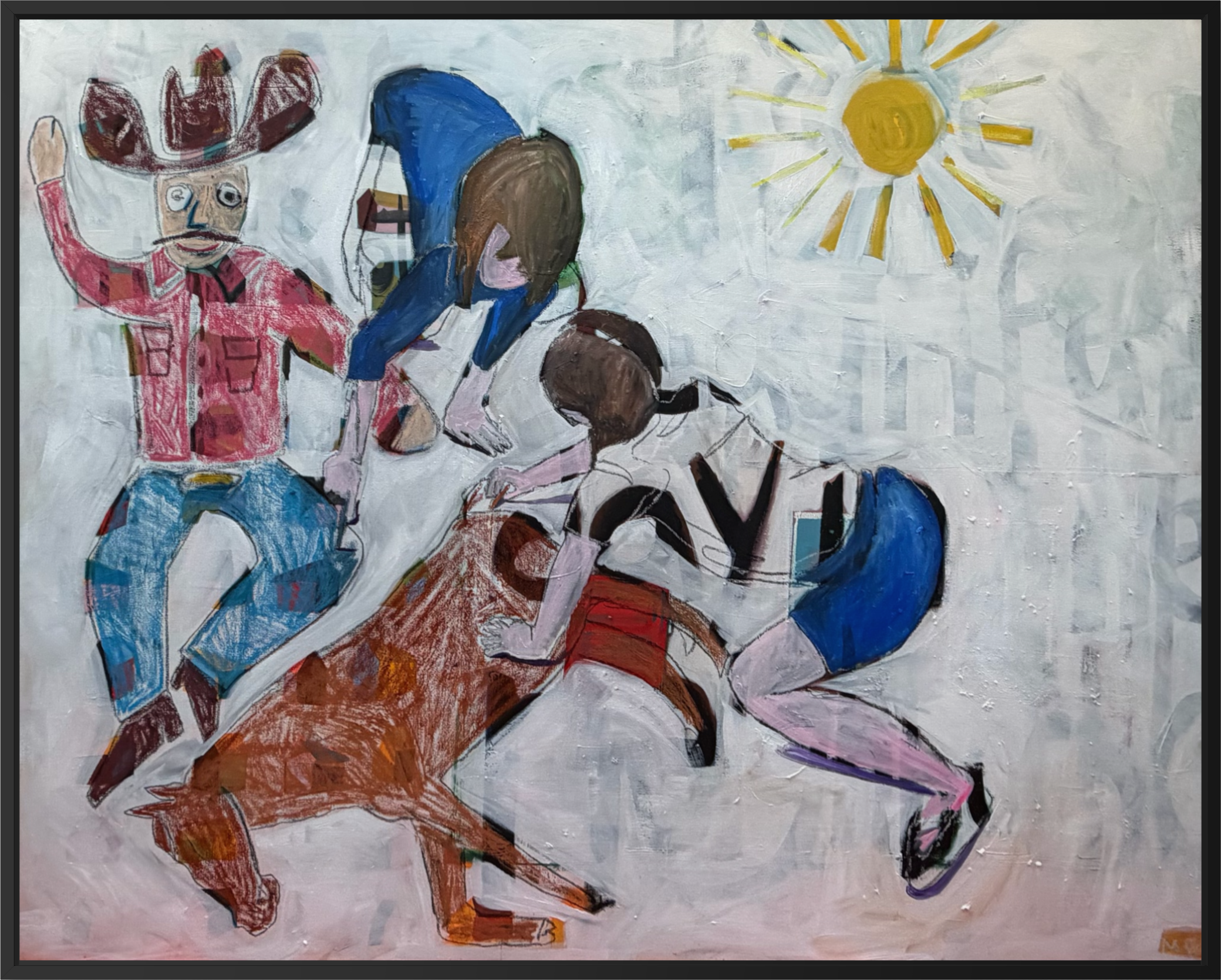 A framed folk art painting depicting a cowboy in a red shirt and blue jeans alongside two children under a yellow sun, set against a textured off-white background.