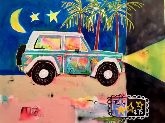 vibrant artwork depicting a colorful vehicle with a tropical night scene in the background, featuring palm trees, the moon, and stars.
