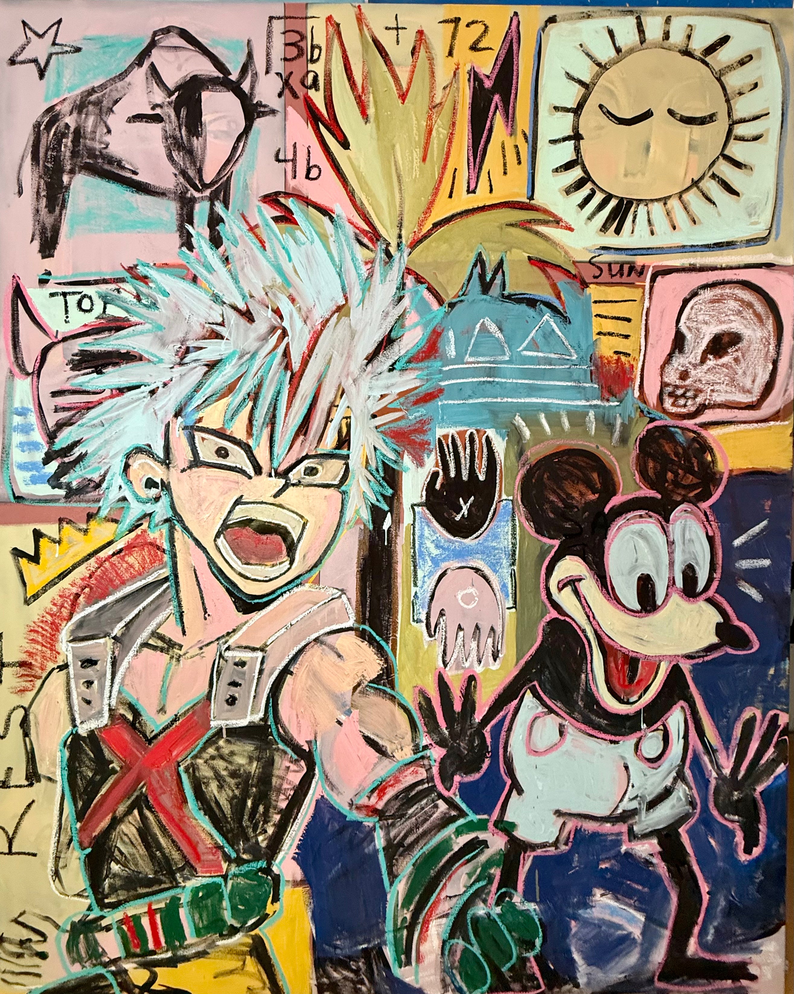 Colorful abstract artwork with cartoon characters and symbols.