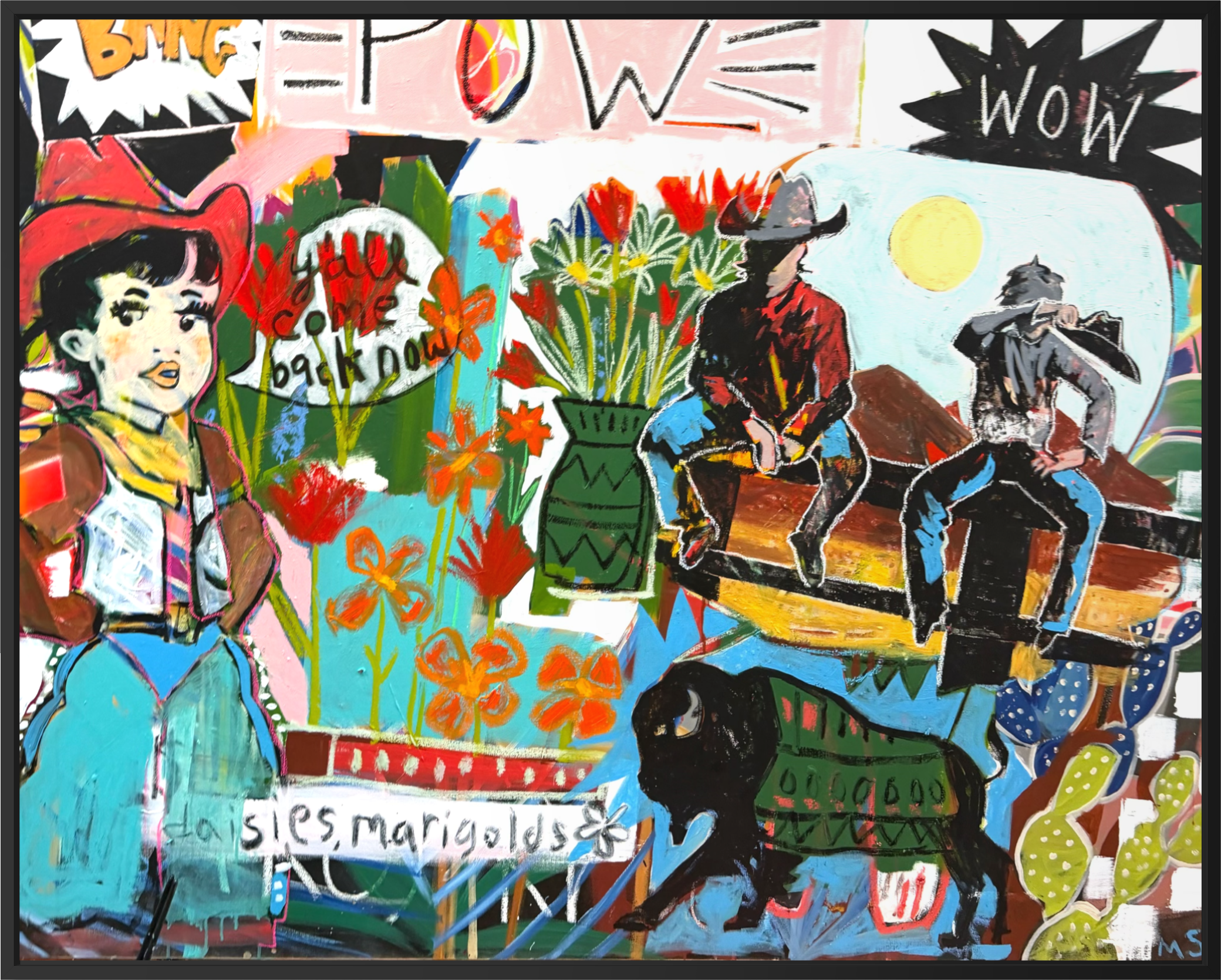 A colorful, busy collage-style artwork featuring illustrated cowboys, flowers, cactus, a dog, and bold text elements such as 'BINGO', 'POWER', and 'WOW' on a white background.