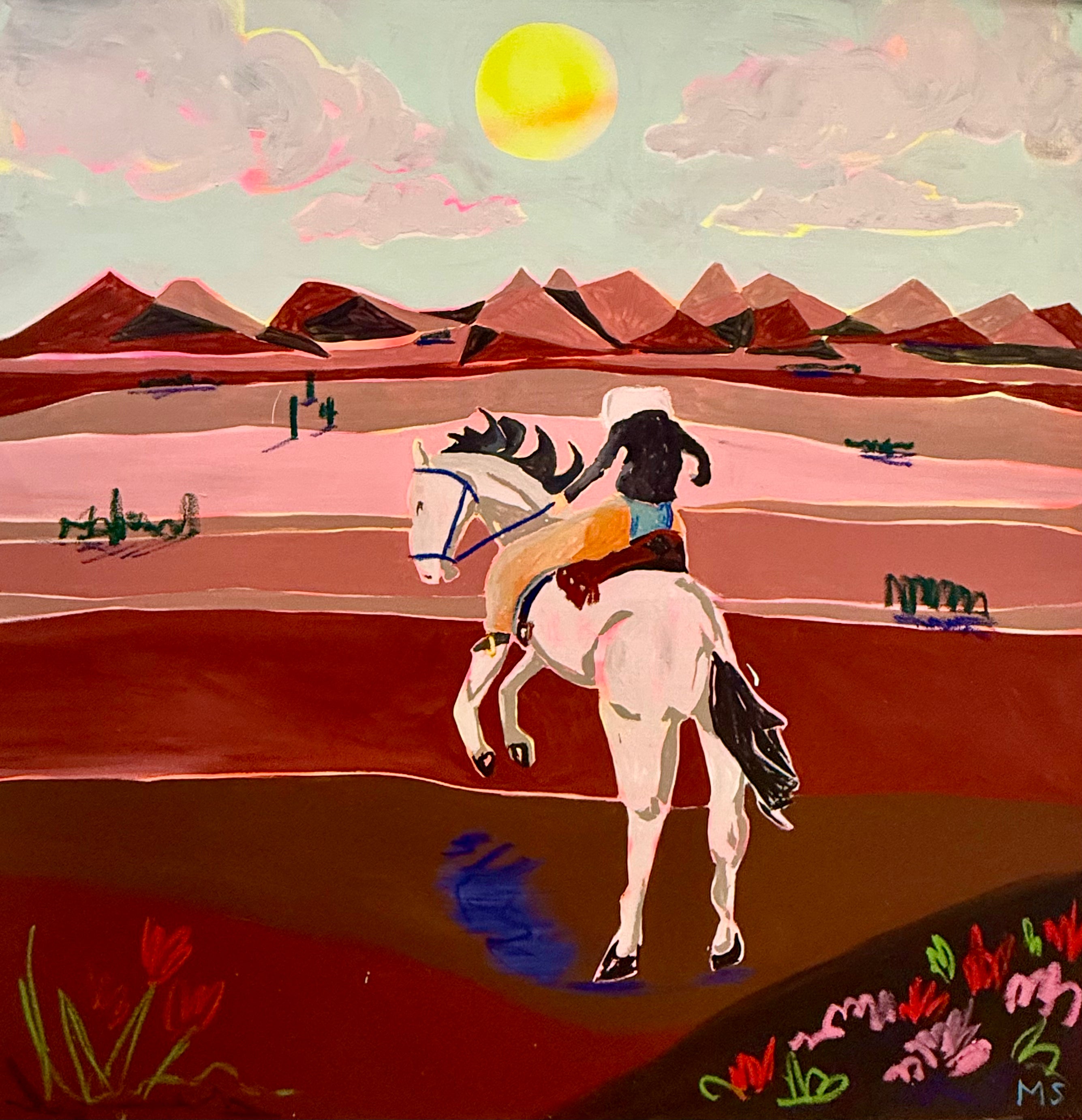 Western Painting of a cowboy riding a horse in a desert landscape with mountains and a sun.