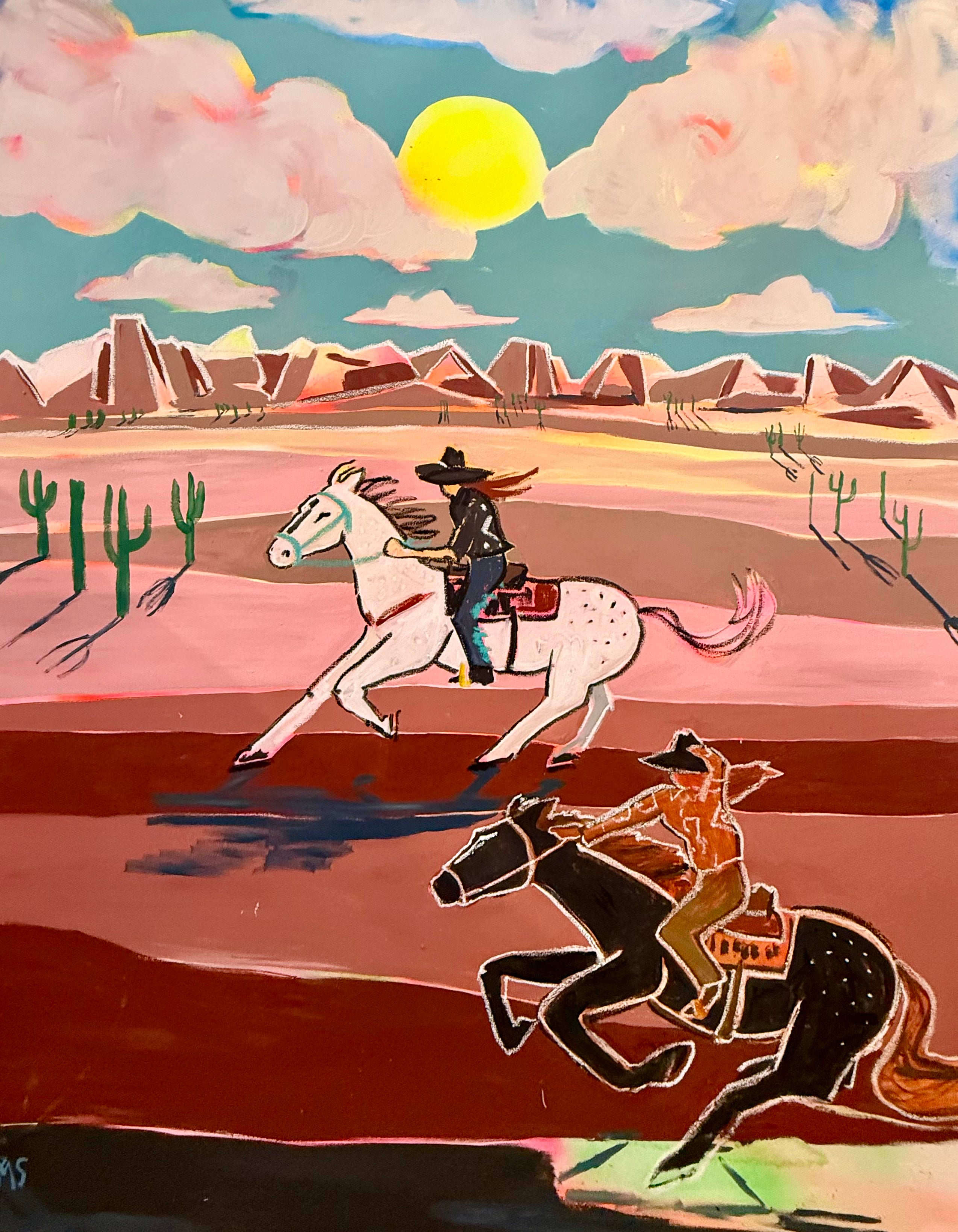 Equestrian wall art featuring two cowboys on horseback in a desert landscape with cacti and mountains.