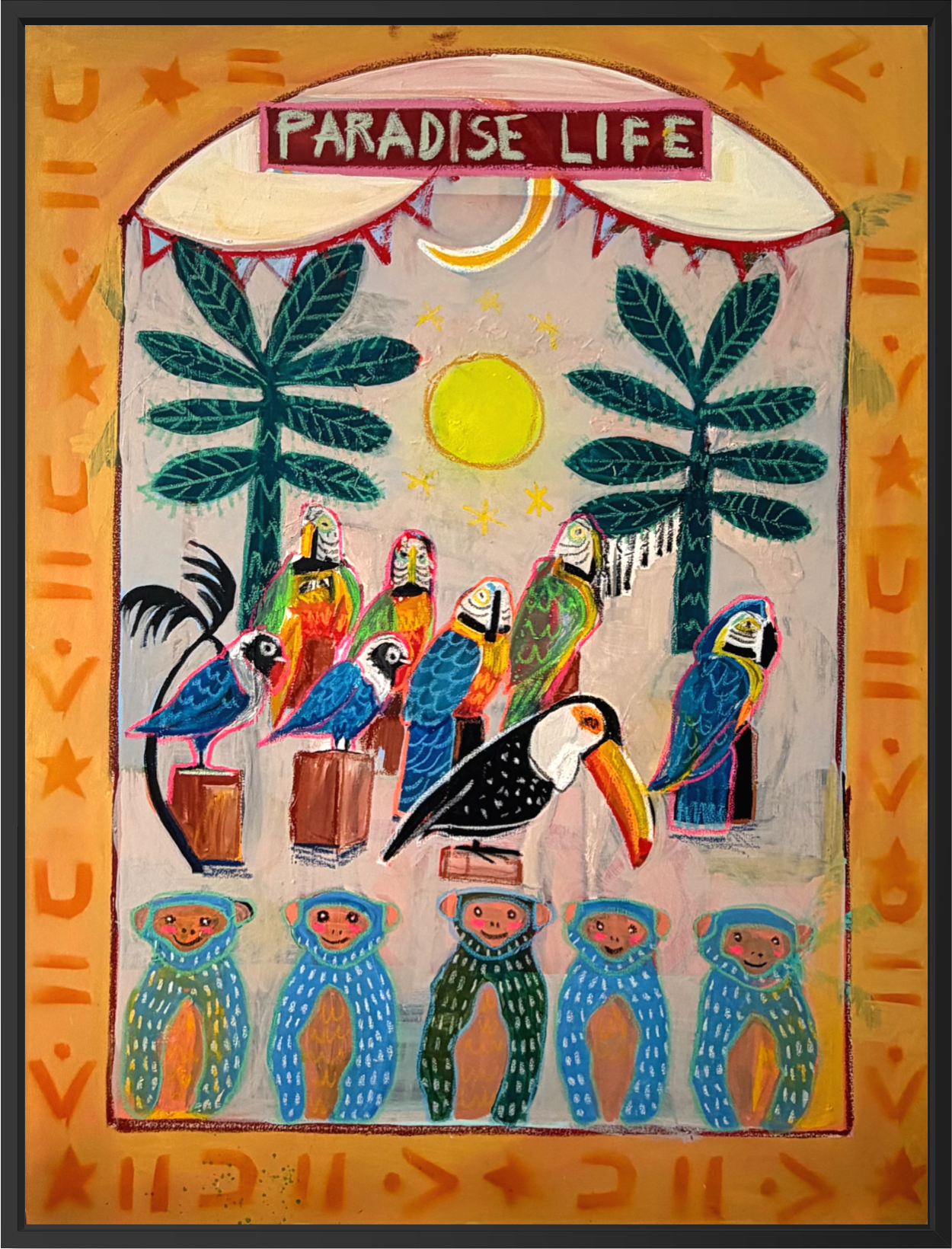 Birds of paradise in paradise. Squared (made of wood) The birds, not the painting.Print.