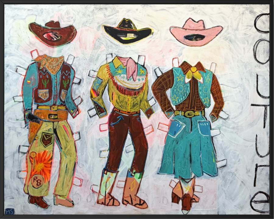 A colorful painted collage of three stylized cowboy outfits with matching hats, arranged on a textured off-white background.