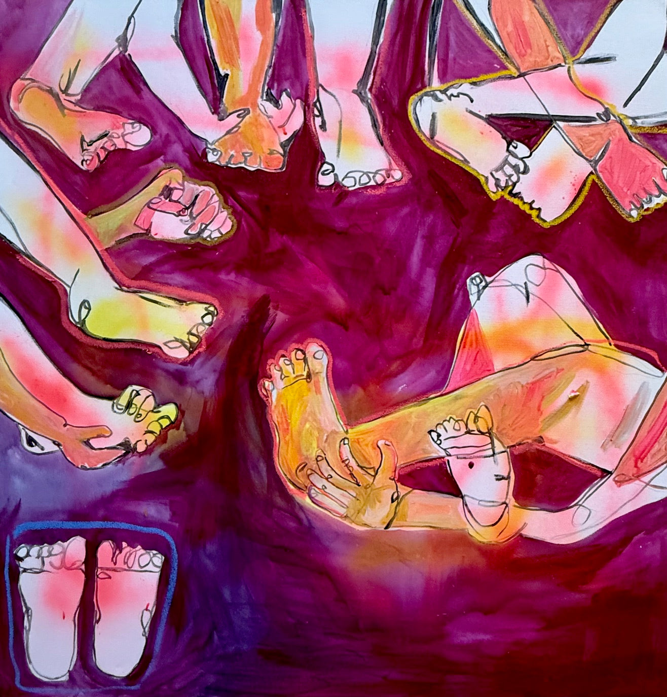 Modern friendship painting by Mandy Canada showing friends talking and laughing — handmade Canadian wall art celebrating connection, gossip, and joy.
