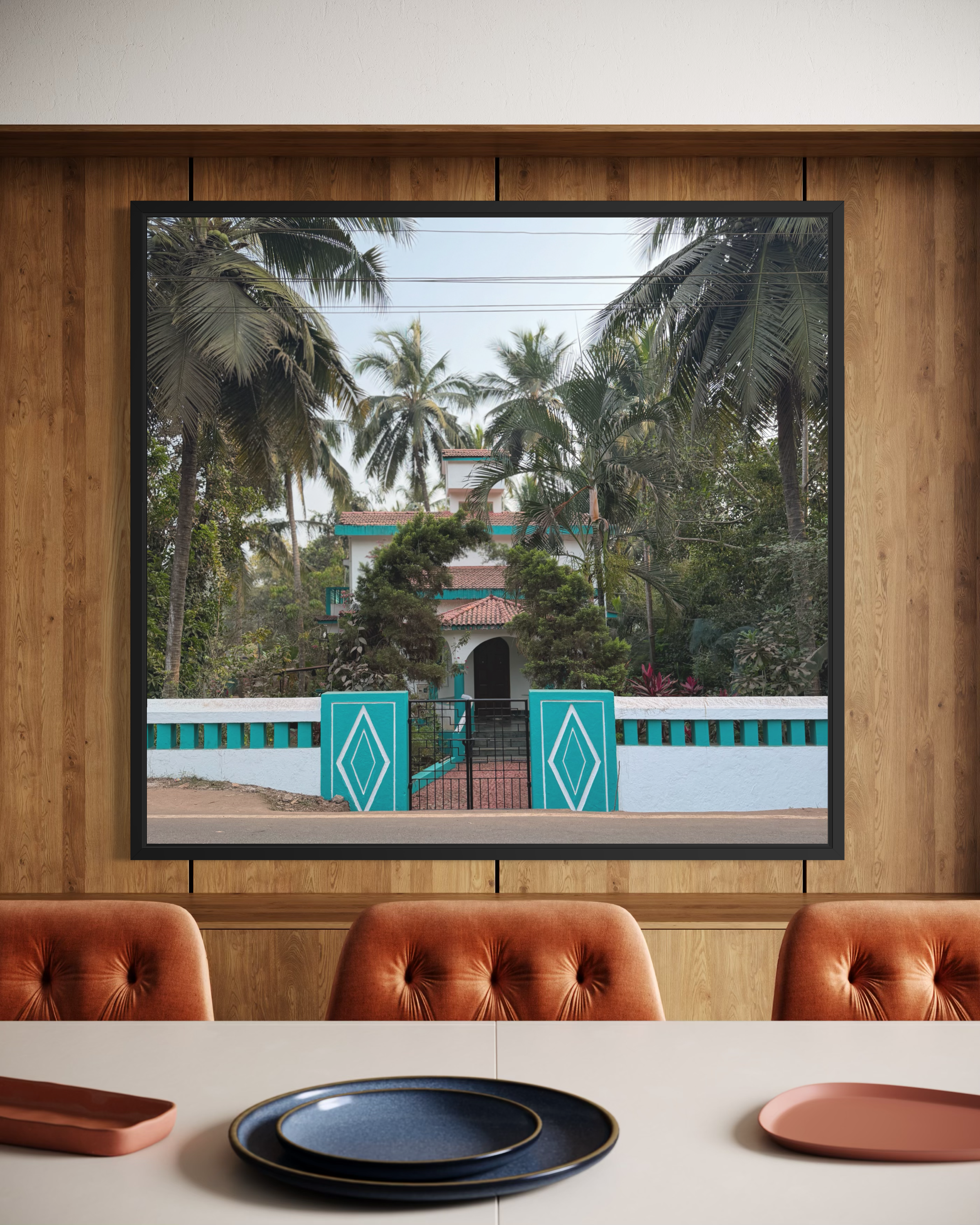 Colorful Goan home wall art print featuring a tropical house surrounded by palm trees, available as a 20" × 30" art print.