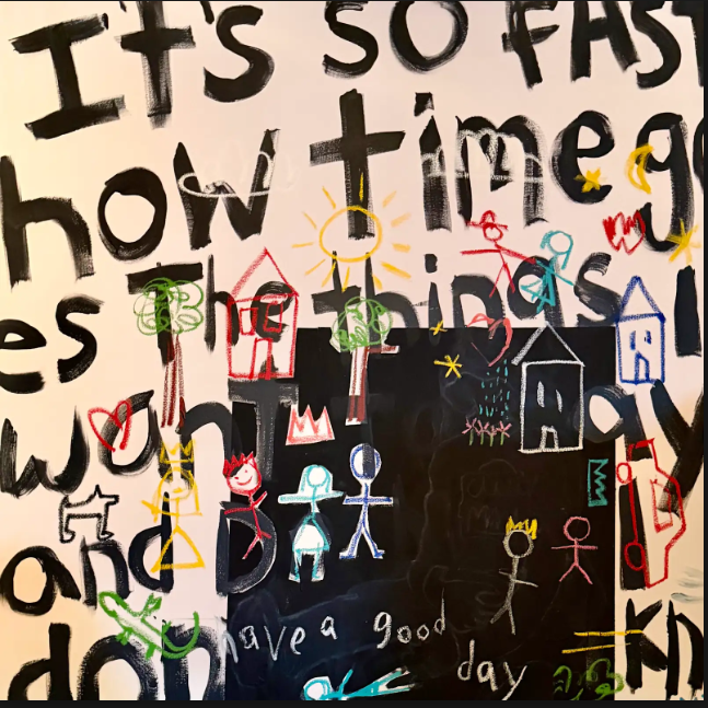 A square abstract artwork with layered black handwritten text overlaid with colorful childlike drawings including houses, trees, a sun, and hearts.