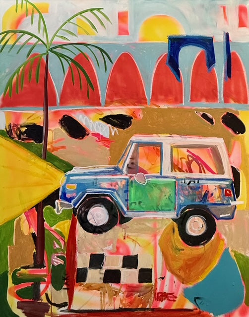 Romantic road-trip painting by Mandy Canada showing a couple traveling together — handmade Canadian wall art celebrating adventure, love, and shared journeys.