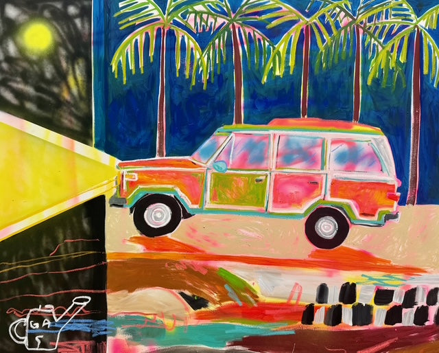 Modern adventure painting by Mandy Canada showing freedom, humor, and nostalgia — handmade Canadian artwork celebrating independence and life’s journey.