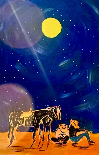 “Artistic painting with natural colors capturing calm, nostalgia, and music Nighttime stories with a harmonica.”