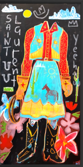 Original fashion inspired painting featuring a colorful figure in a dress.
