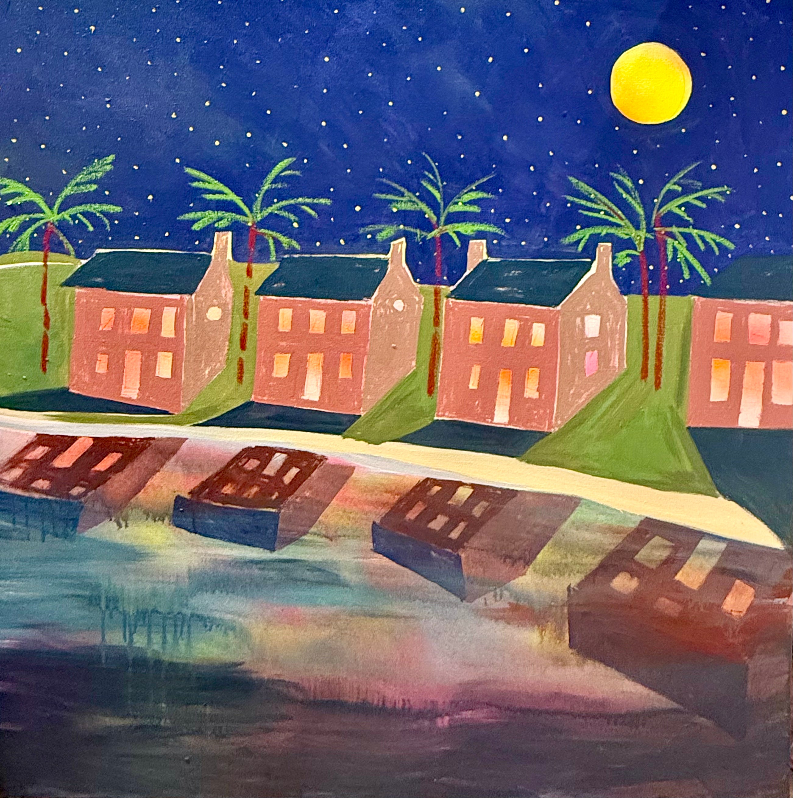 Painting of houses and palm trees by a body of water under a starry night sky with a full moon.
