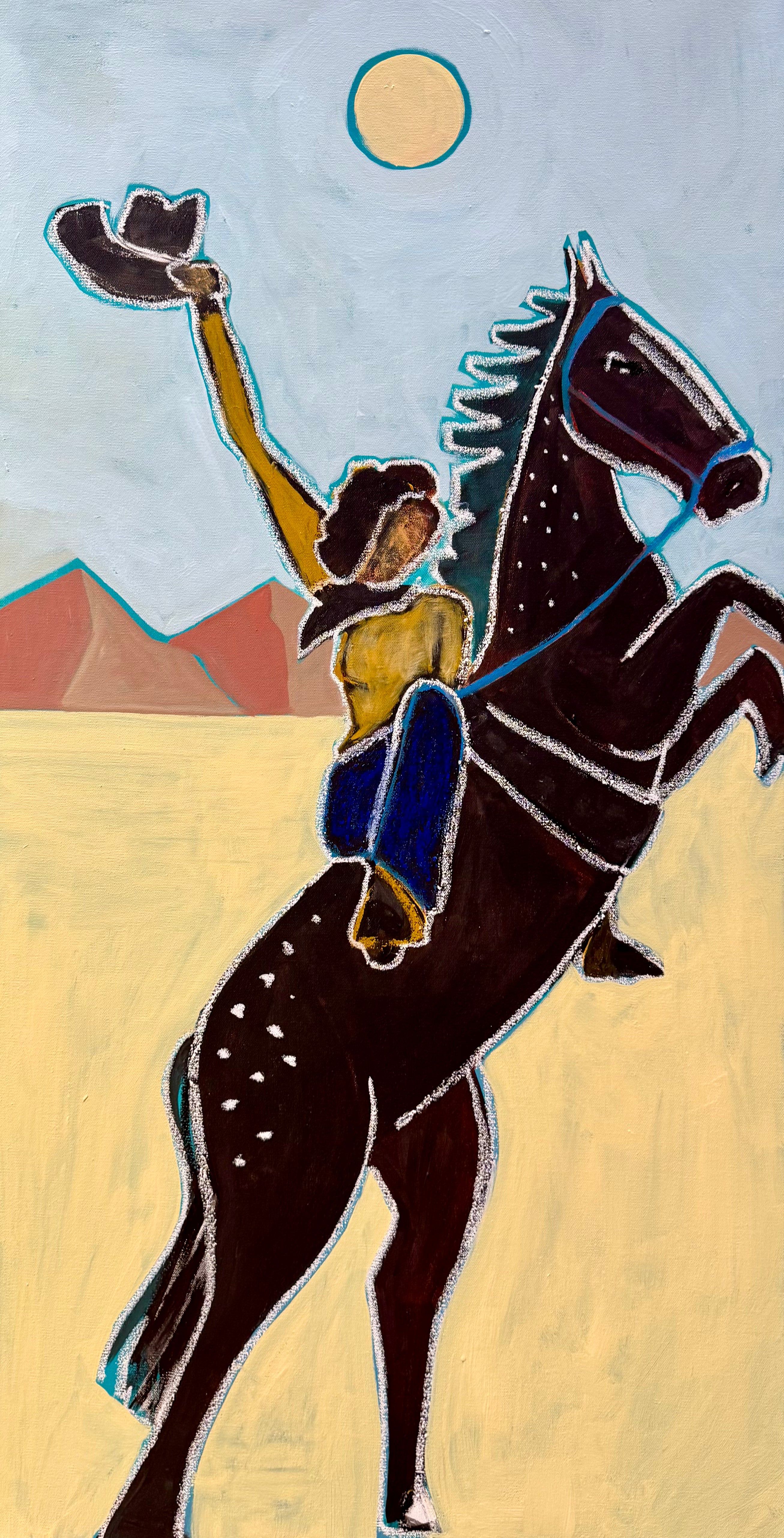 Horse rider painting featuring a rider on a rearing black horse in a desert landscape.