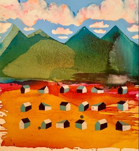 Mountain landscape painting featuring a colorful village with small houses, green mountains, and soft clouds, created with acrylic and oil stick on canvas.