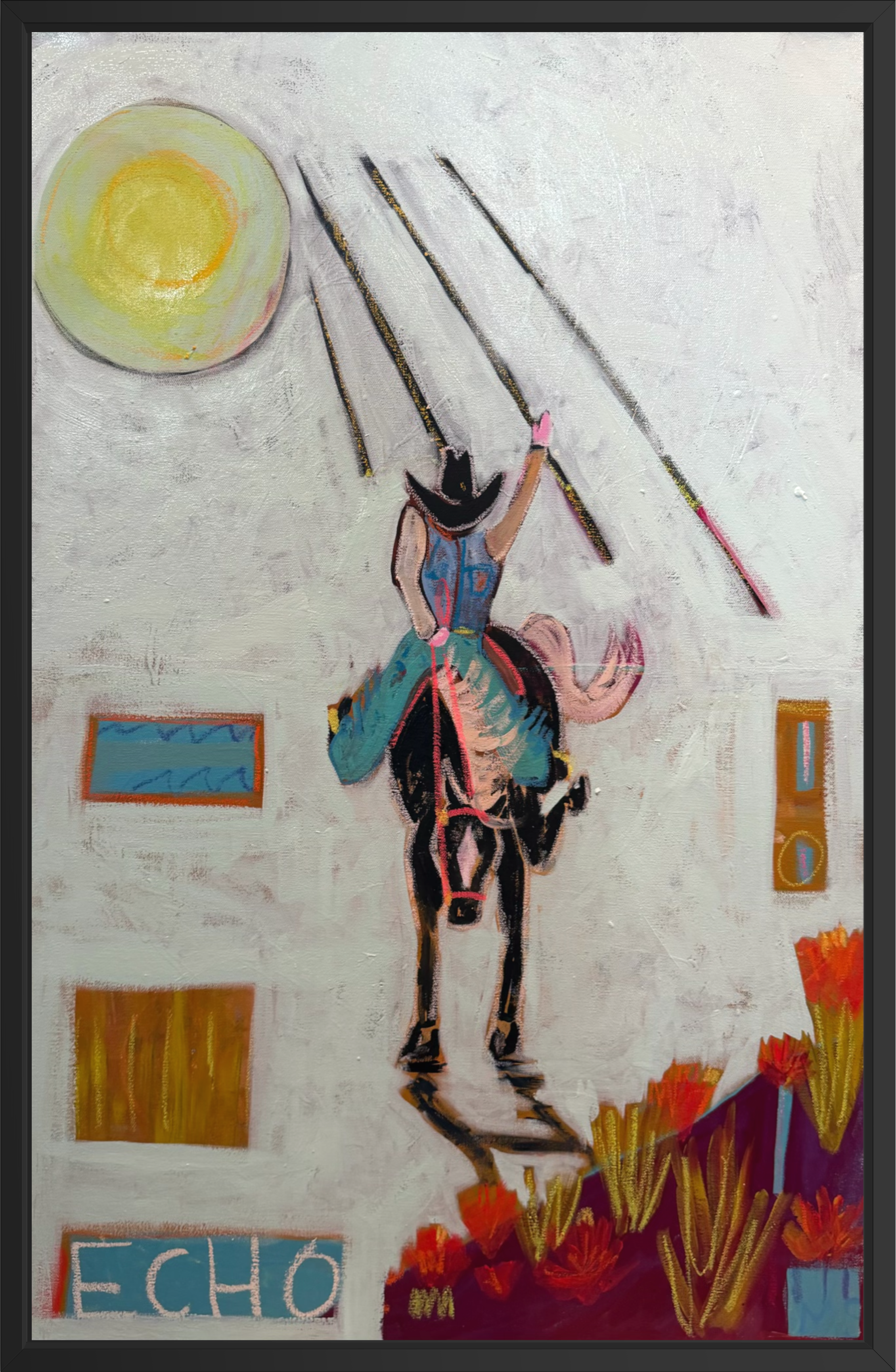 A framed abstract painting featuring a rider on horseback holding long poles, with a large yellow sun.