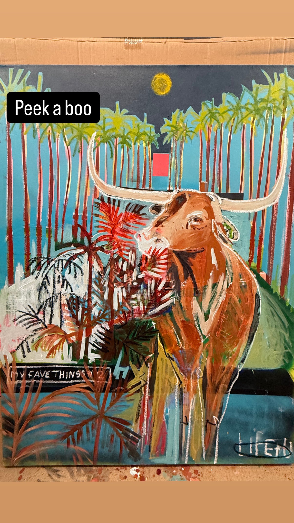 An original longhorn painting canvas titled Take me by the horns featuring a stylized longhorn steer standing in front of palm trees.