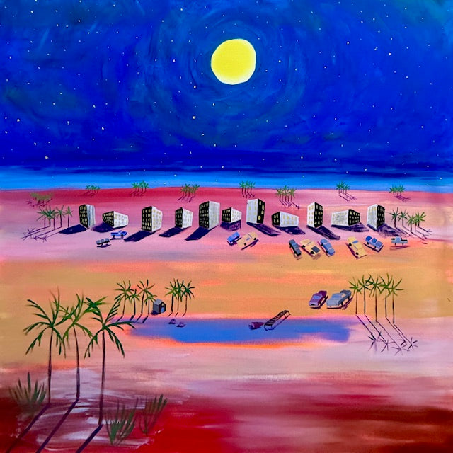 Dreamy wall art with natural colors showing a pond, sky, and clouds,peaceful romantic painting full of hope and imagination.