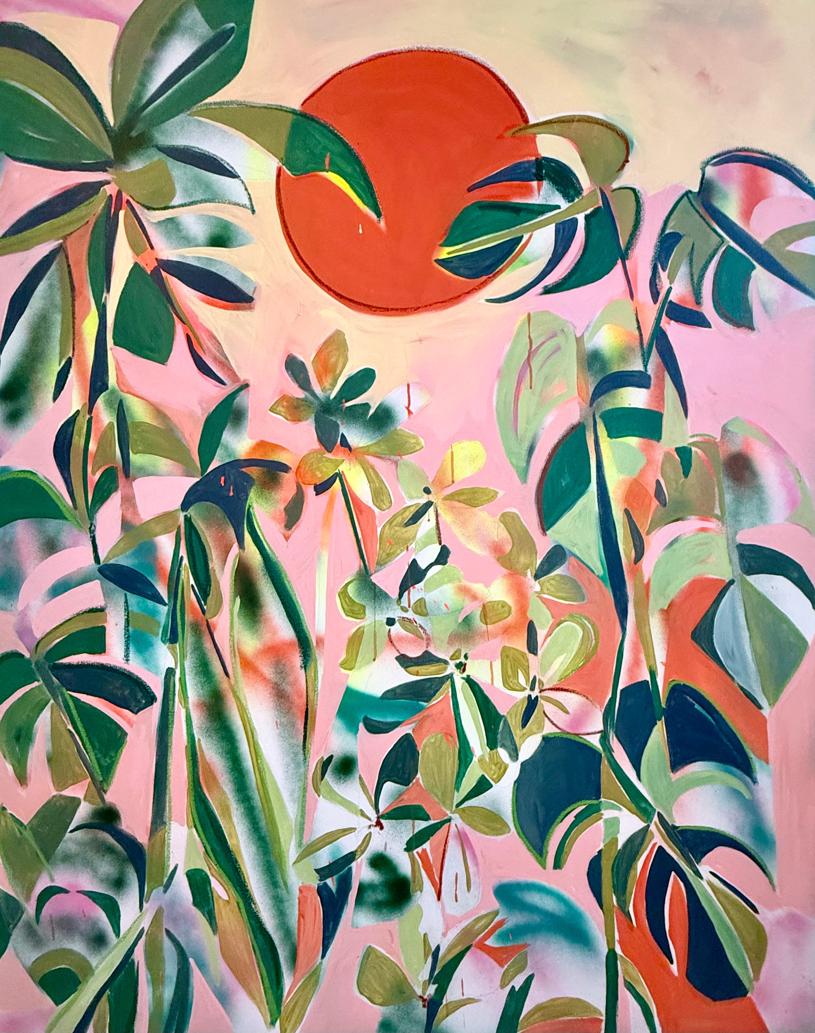 Colorful abstract painting with leaves and a sun on a pink background.