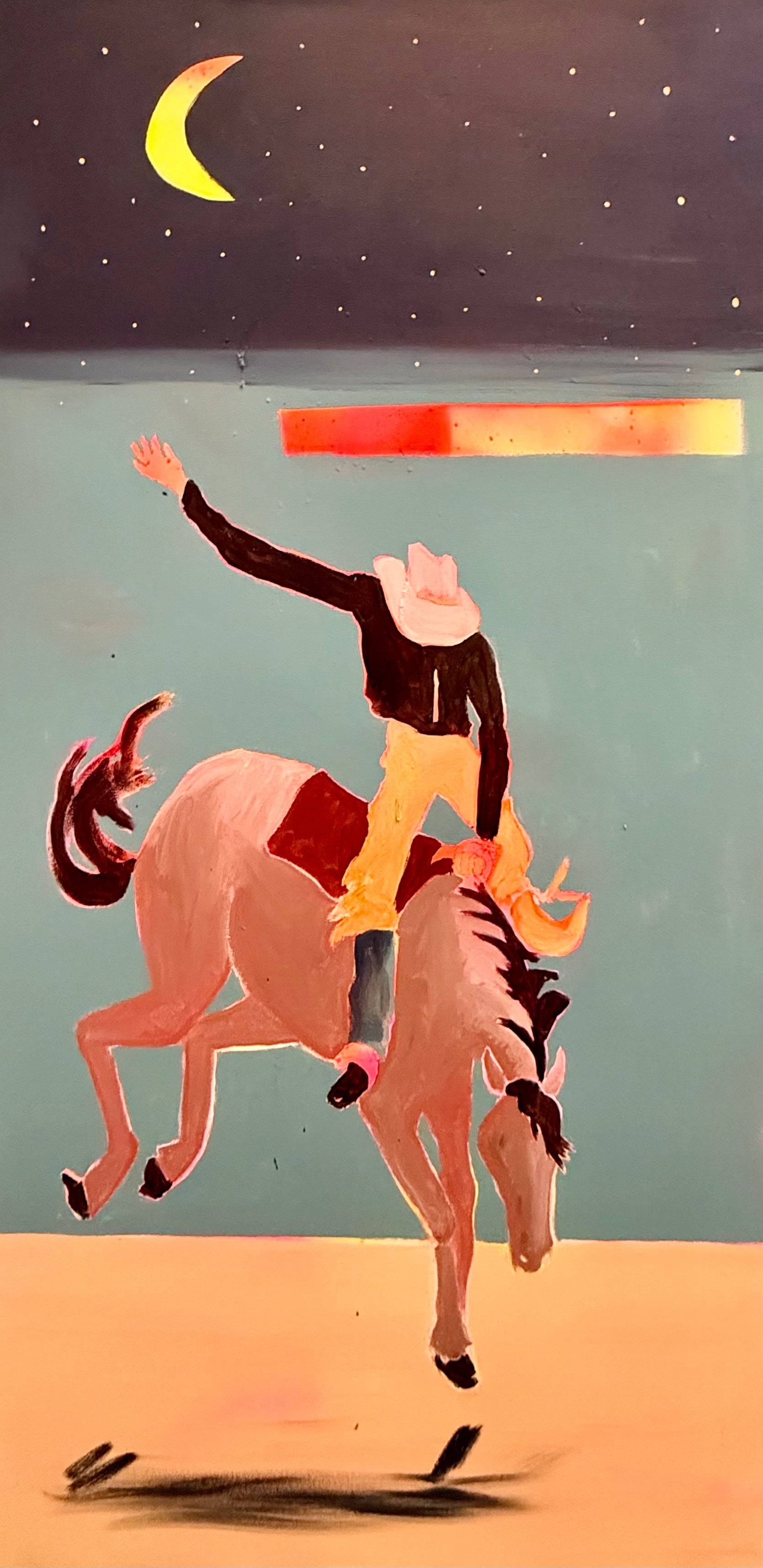 Original bucking horse wall art with a rider beneath a crescent moon, created with acrylic, oil stick and spray paint on canvas.