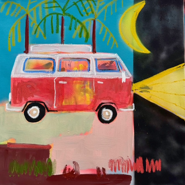 Retro travel painting by Mandy Canada showing a classic van — handmade Canadian wall art celebrating freedom, adventure, and life on the road.