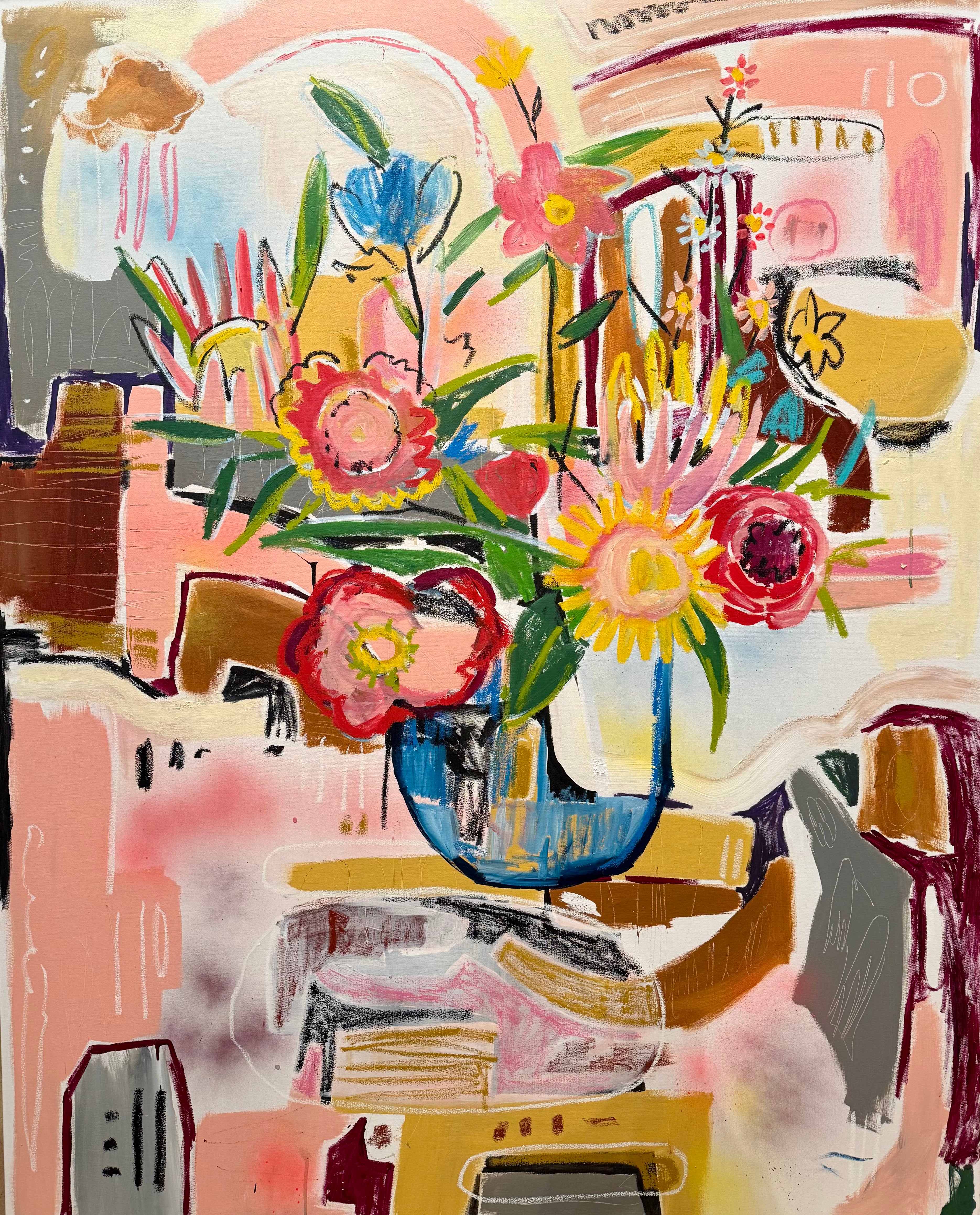 floral wall art with expressive blooms and a vibrant vase on canvas.