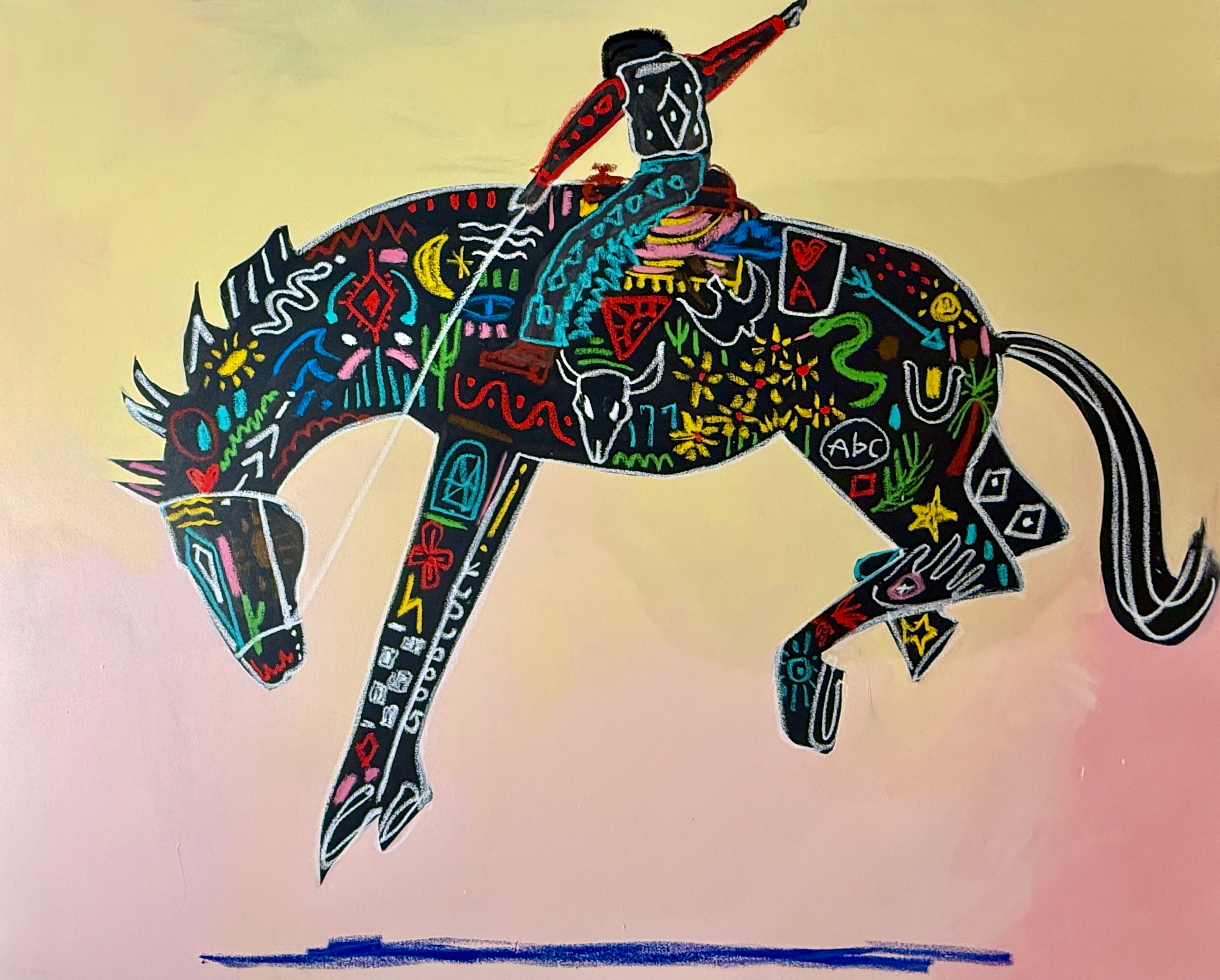 Colorful abstract painting of a horse and rider on a gradient background.