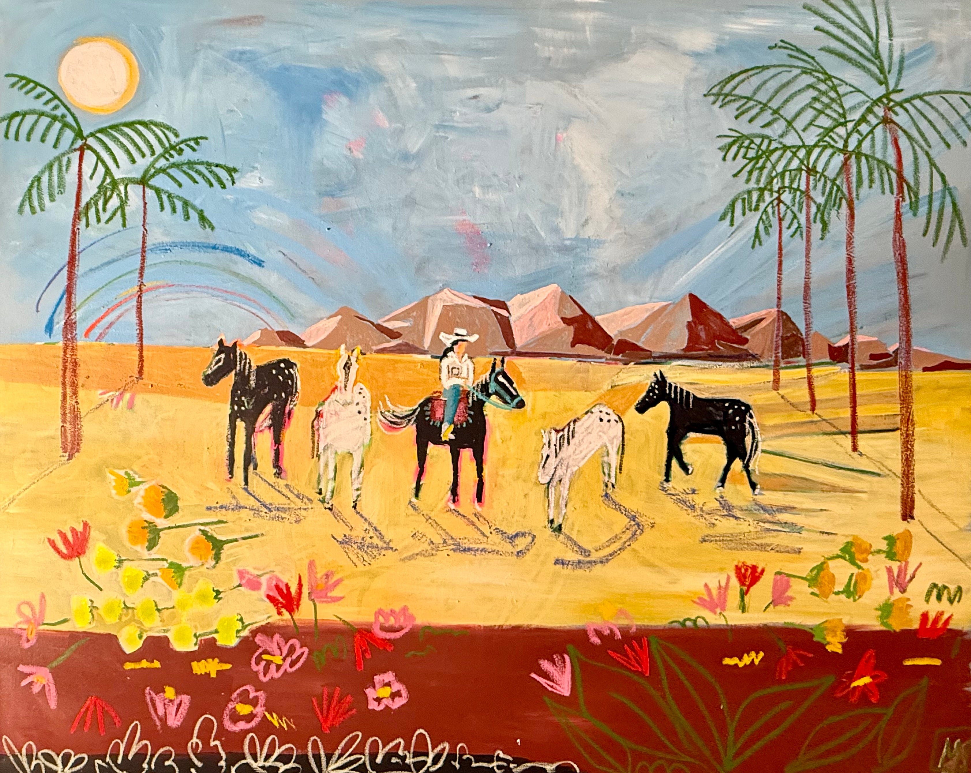 Western Landscape Wall Art of a desert scene with horses, a rider, palm trees, and flowers.