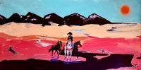 pink landscape canvas with distant mountains, colorful sky and small figures in the foreground.