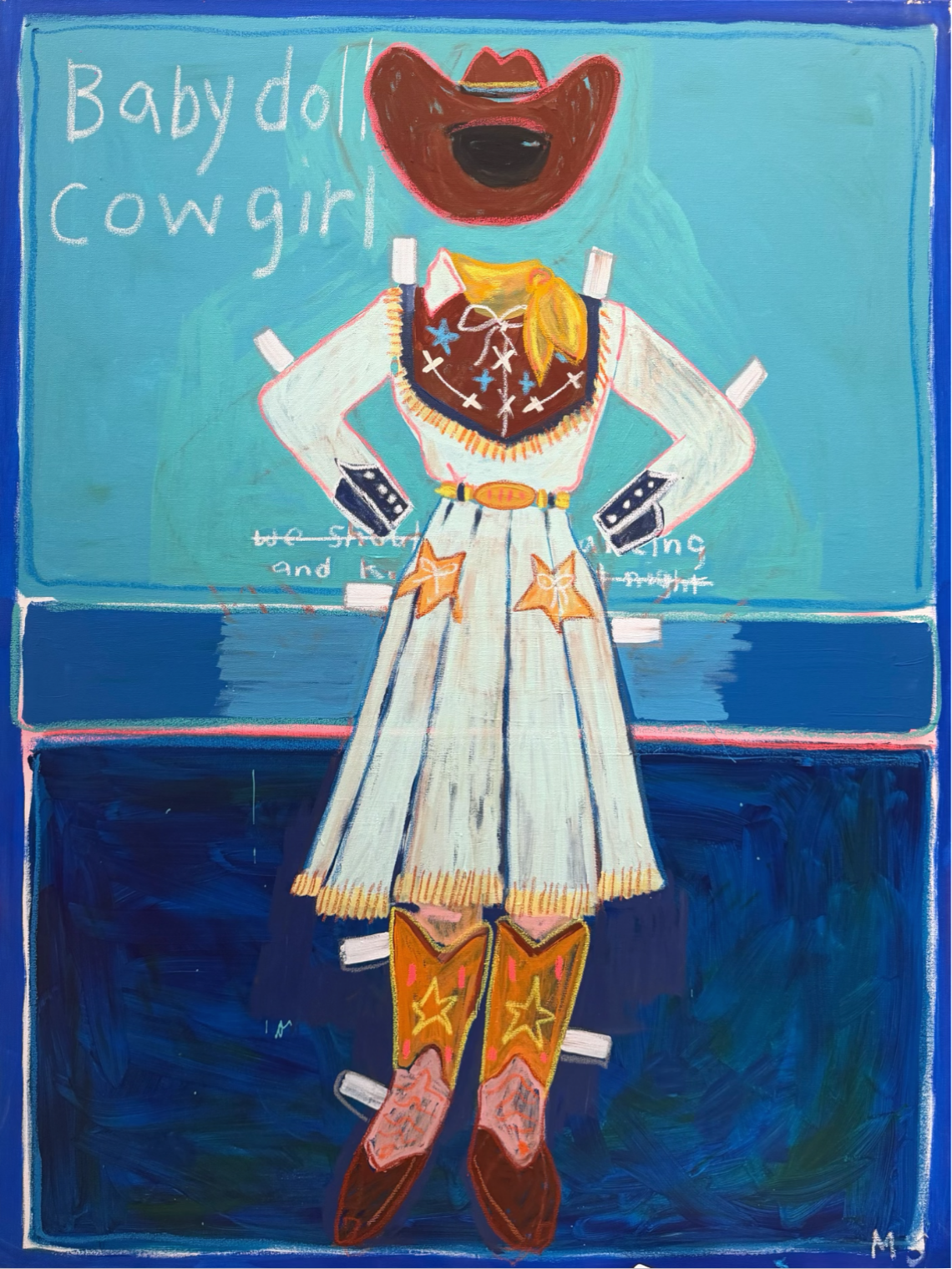 Contemporary cowgirl portrait of a woman in a white western dress and brown hat against blue tones, titled Babydoll Cowgirl. She Always Quietly Knew What She Wanted. No. 13