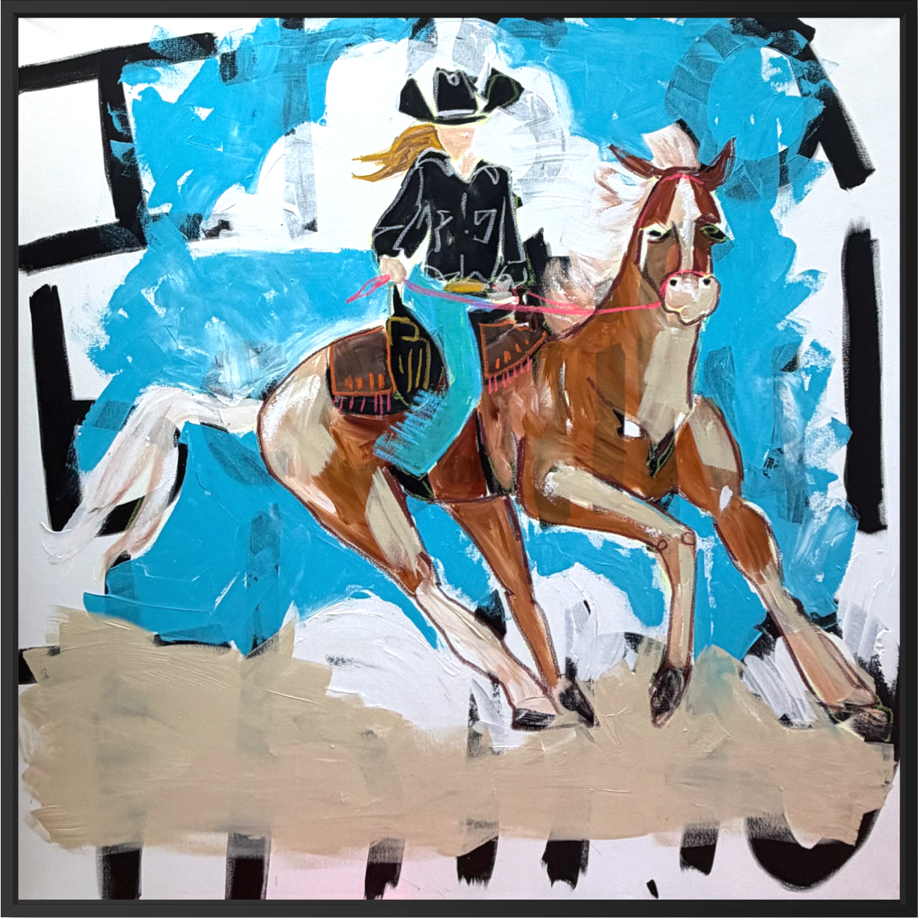 An expressive painting of a cowboy riding a brown horse in blue, white, black, tan, and brown tones created with arylic,spray paint on canvas.