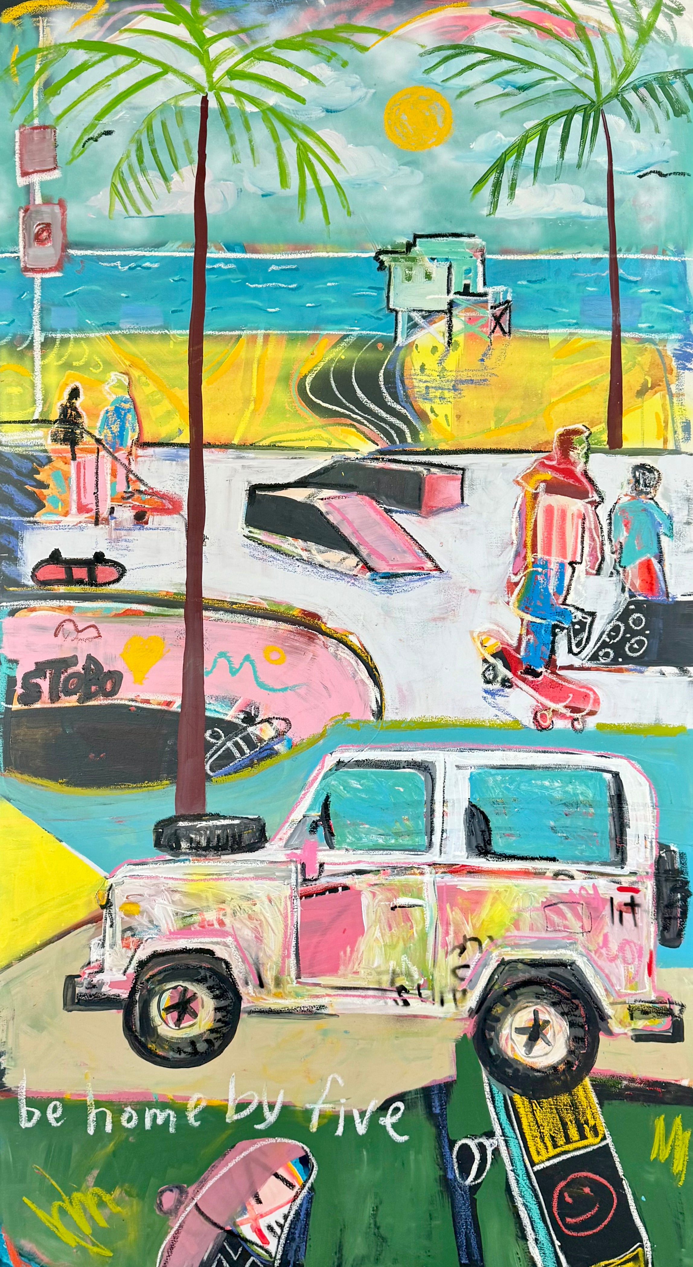 Colorful tropical beach painting with palm trees people and a vehicle.