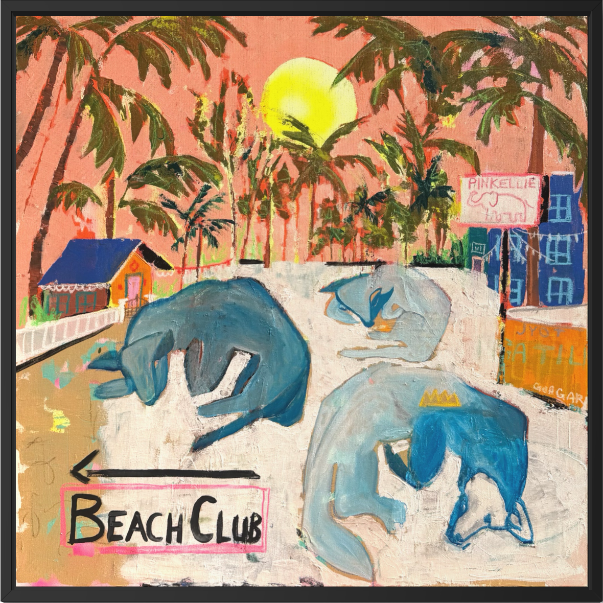 Beach Club and the Boys tropical coastal art print with palm trees, blue animals, and colorful contemporary beach-inspired artwork.