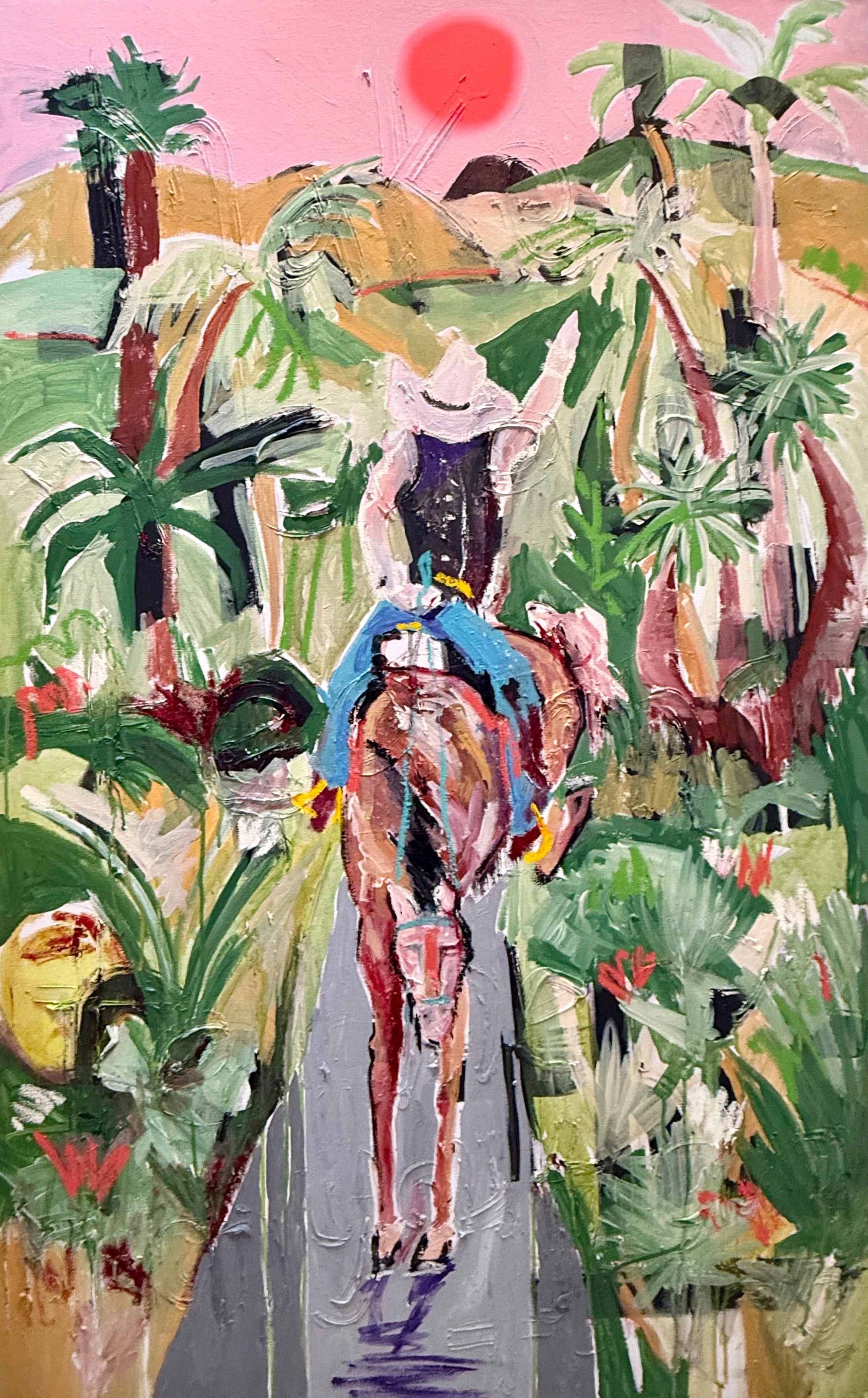 tropical canvas art with a rider surrounded by lush greenery.