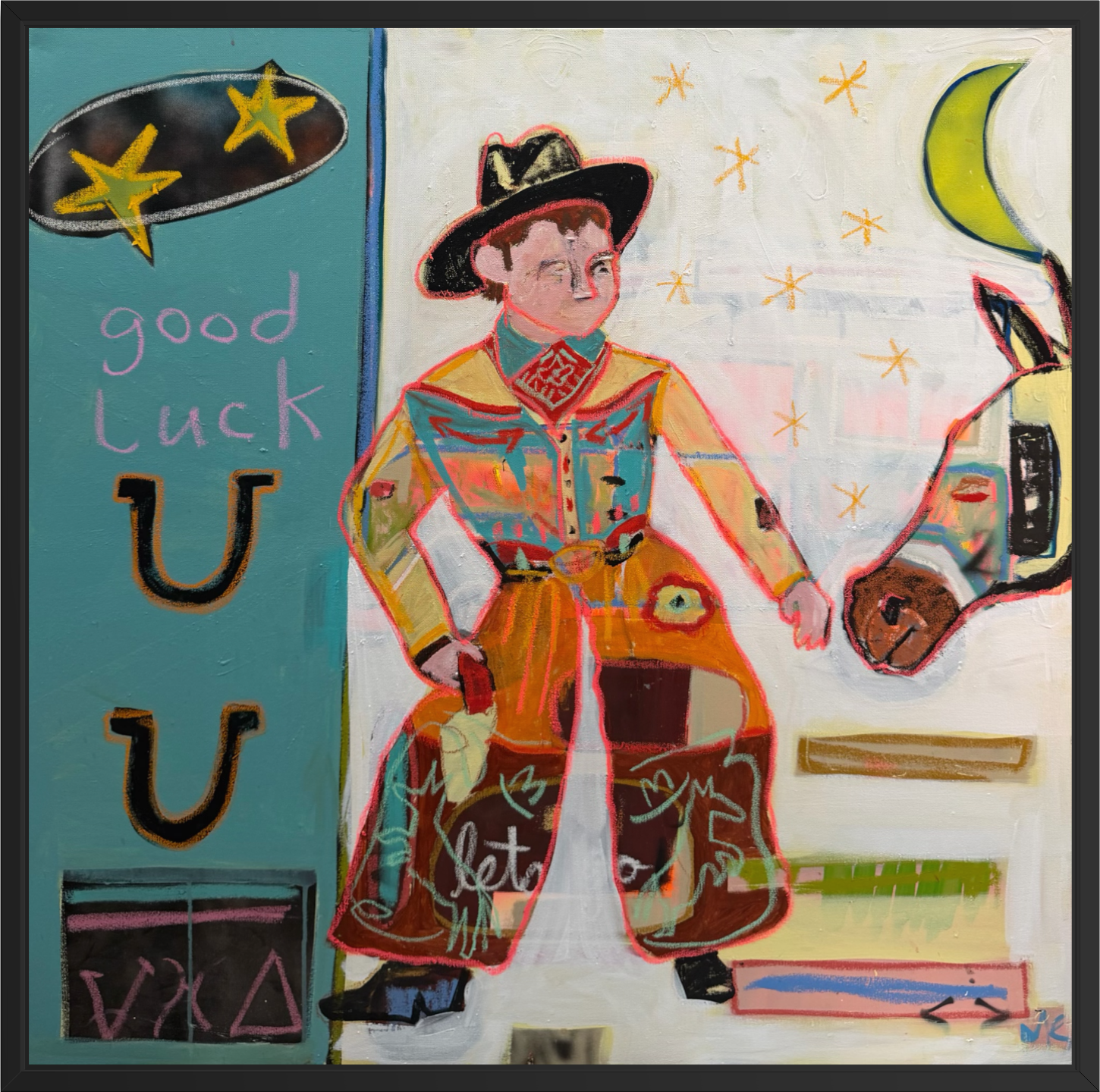 A square mixed-media collage painting featuring a stylized cowboy figure in the center.