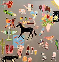 A colorful abstract artwork featuring various symbols and figures, including animals, objects, and plants, on a gray background.
