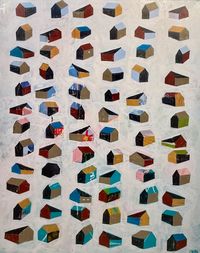 A canvas painting featuring a pattern of geometric shapes, predominantly in multicolor houses against a white background.