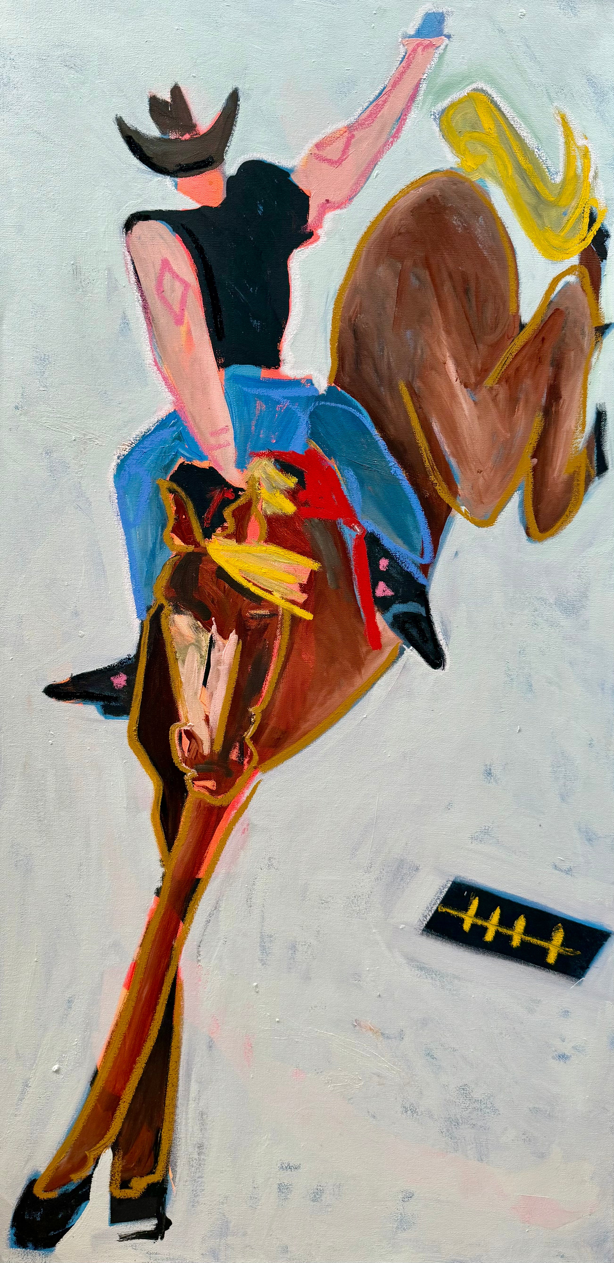 bucking horse painting showing a rider on a horse with expressive colorful brushwork.