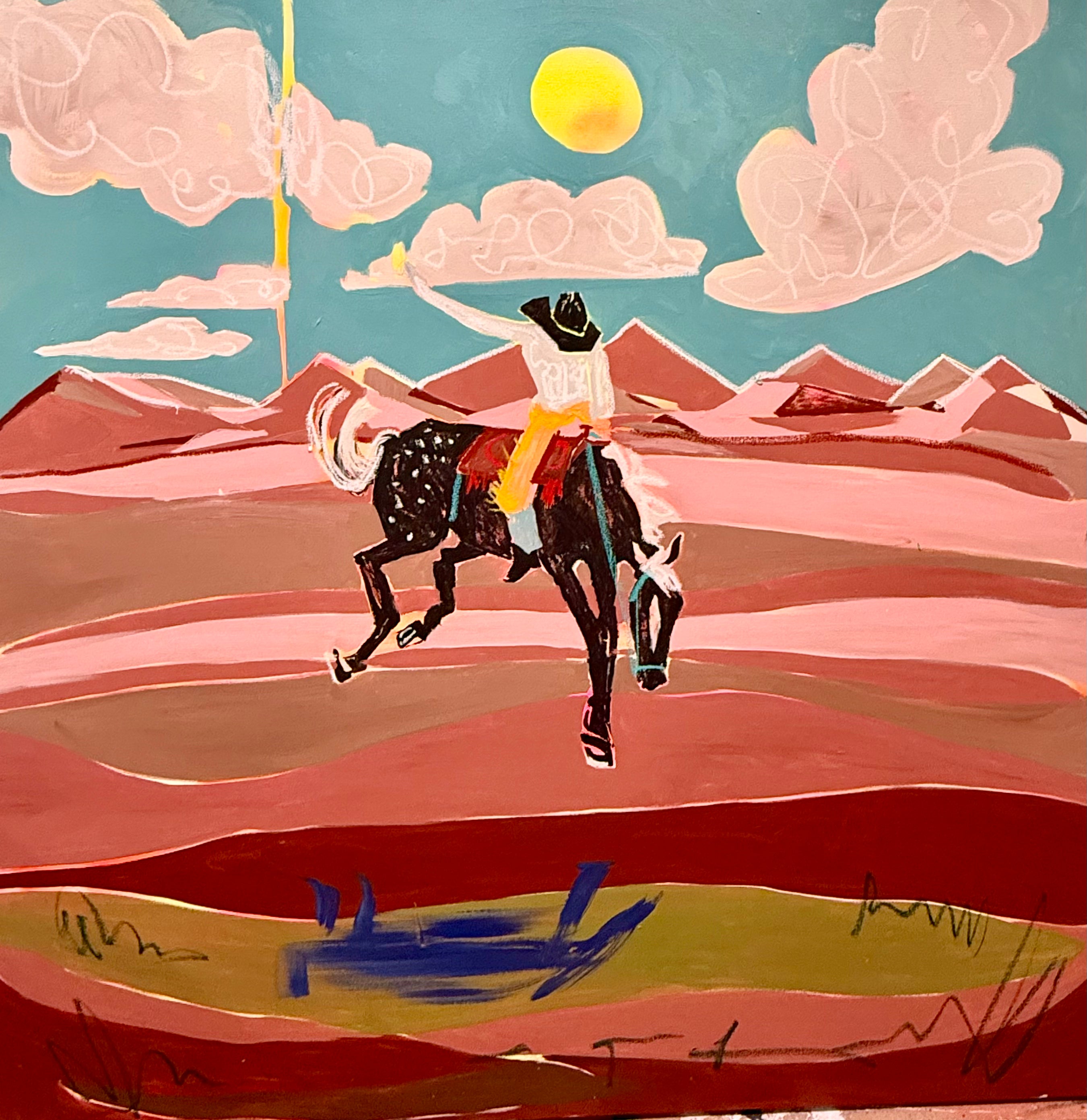 western desert art showing a horseback rider in a colorful pink and orange Western landscape.