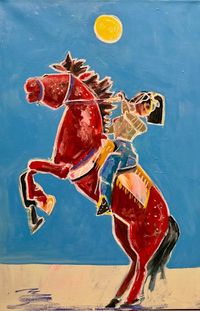 A painting featuring a rearing red horse with a rider against a blue sky with a sun in the background.