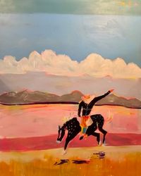 A black horse painting on canvas depicting a figure on horseback against a landscape background with mountains and a sky with clouds.