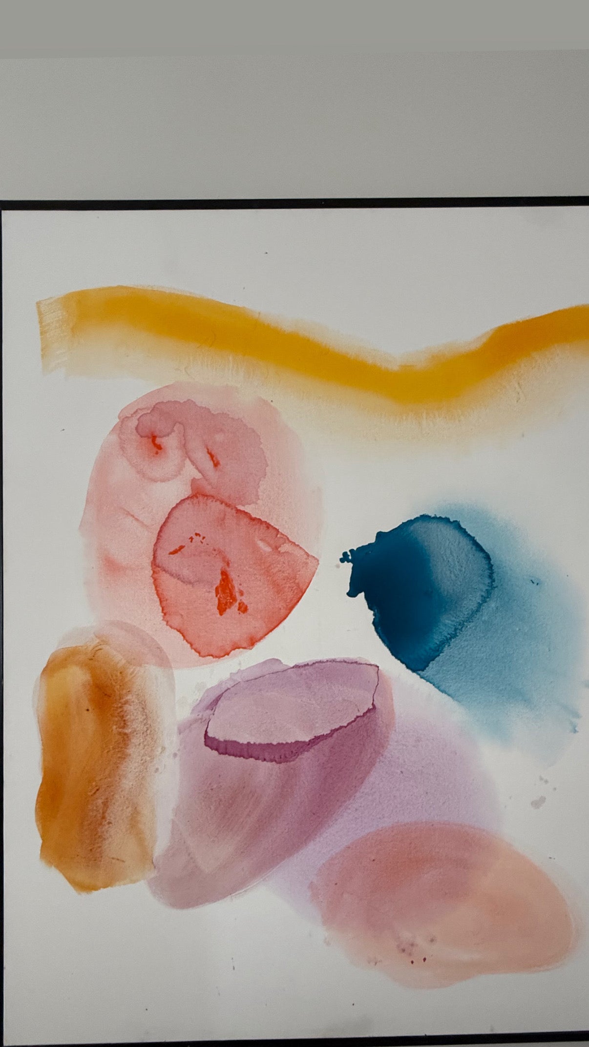 Organic abstract wall art with soft colored forms, ink details, and a yellow line on white canvas.