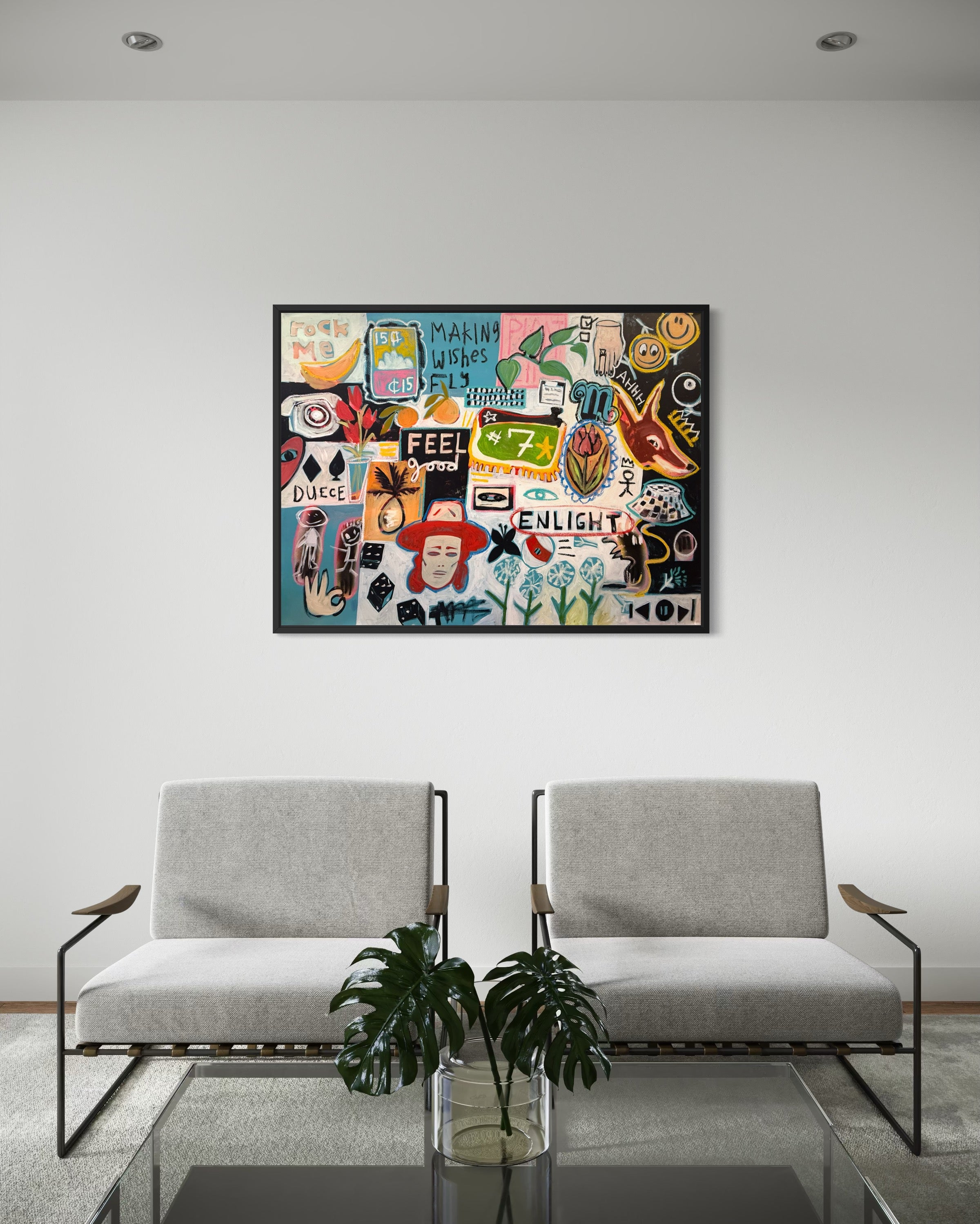 Contemporary mixed media canvas artwork featuring a symbolic fox displayed above a gray sofa in a modern interior.