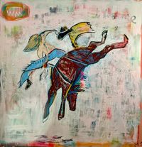 horse and rider painting showing a rider on a moving horse against an abstract textured background.
