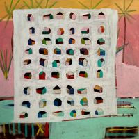 36 x 36 wall art titled let's get a place in palm springs showing rows of tiny colorful houses near palm trees on canvas.