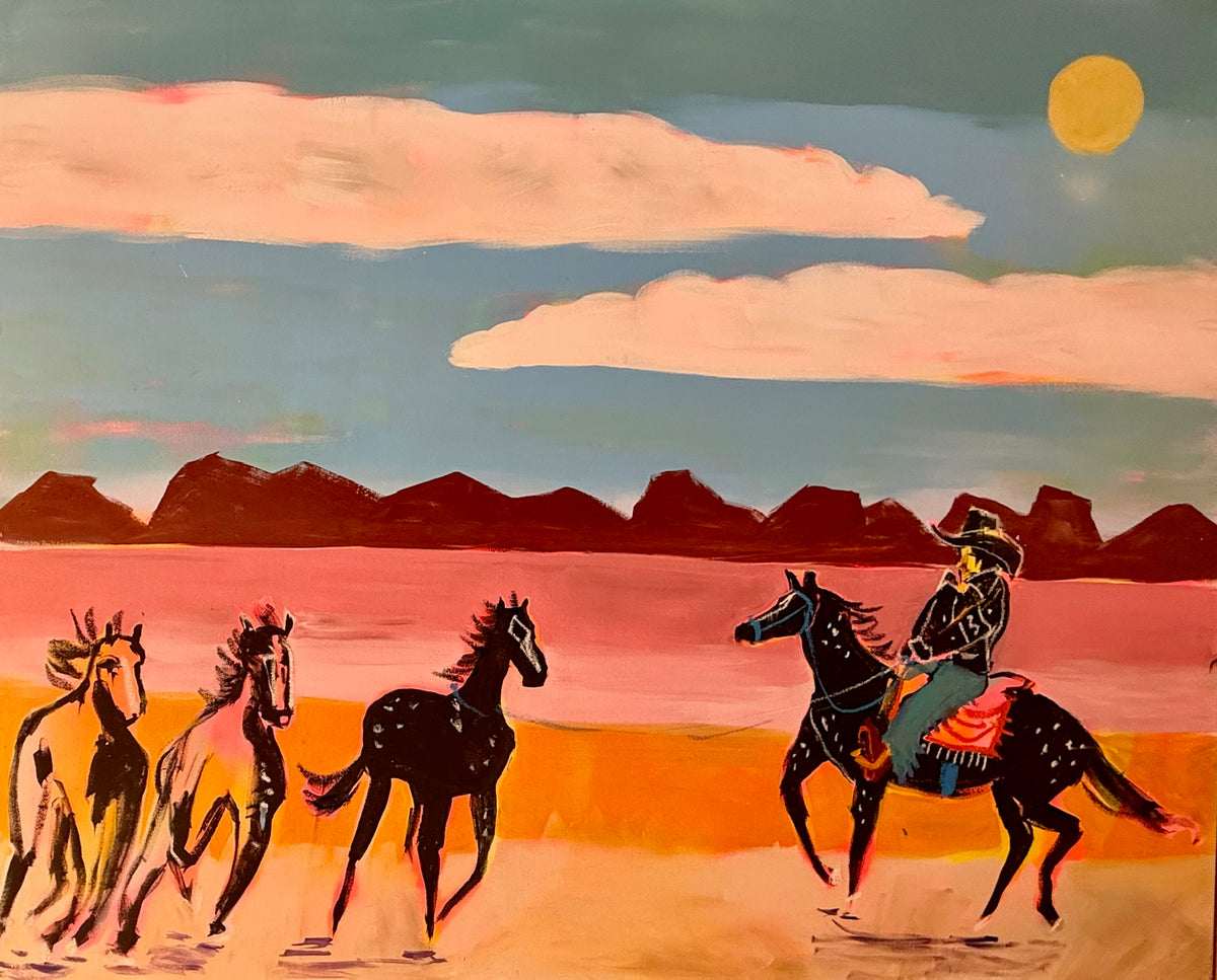 horses running painting by Mandy Canada showing teenage daughters growing up.