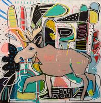 modern deer art with a brown deer surrounded by colorful geometric shapes and expressive lines.