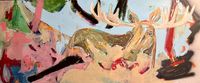 colorful abstract painting with expressive figures and colorful layered forms on canvas.